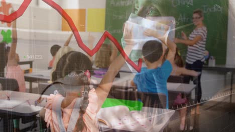 Graphs-and-charts-over-school-children-and-woman-with-mask-Coronavirus.