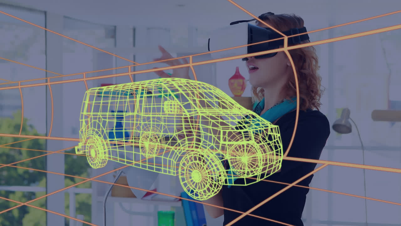 анимация цифрового 3d-рисунка машины над женщиной с помощью vr-гарнитуры