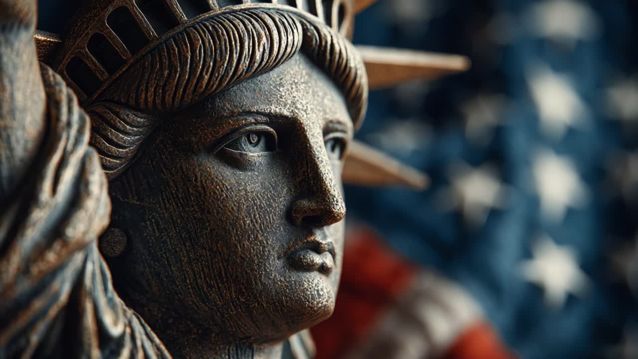 A Close-Up View of the Iconic Statue of Liberty with a Background of the American Flag, Symbolizing Freedom and Hope for Generations