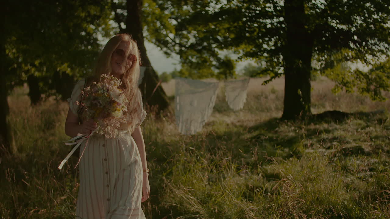 hermosa mujer rubia sonriente caminando y mirando a la cámara 5