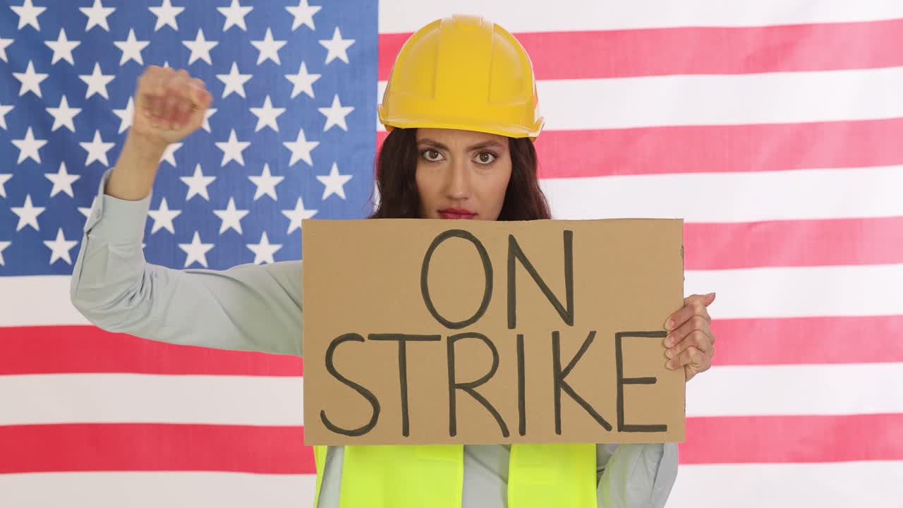 Frau mit Hut hält ein „IM STREIK“-Schild vor einer amerikanischen Flagge