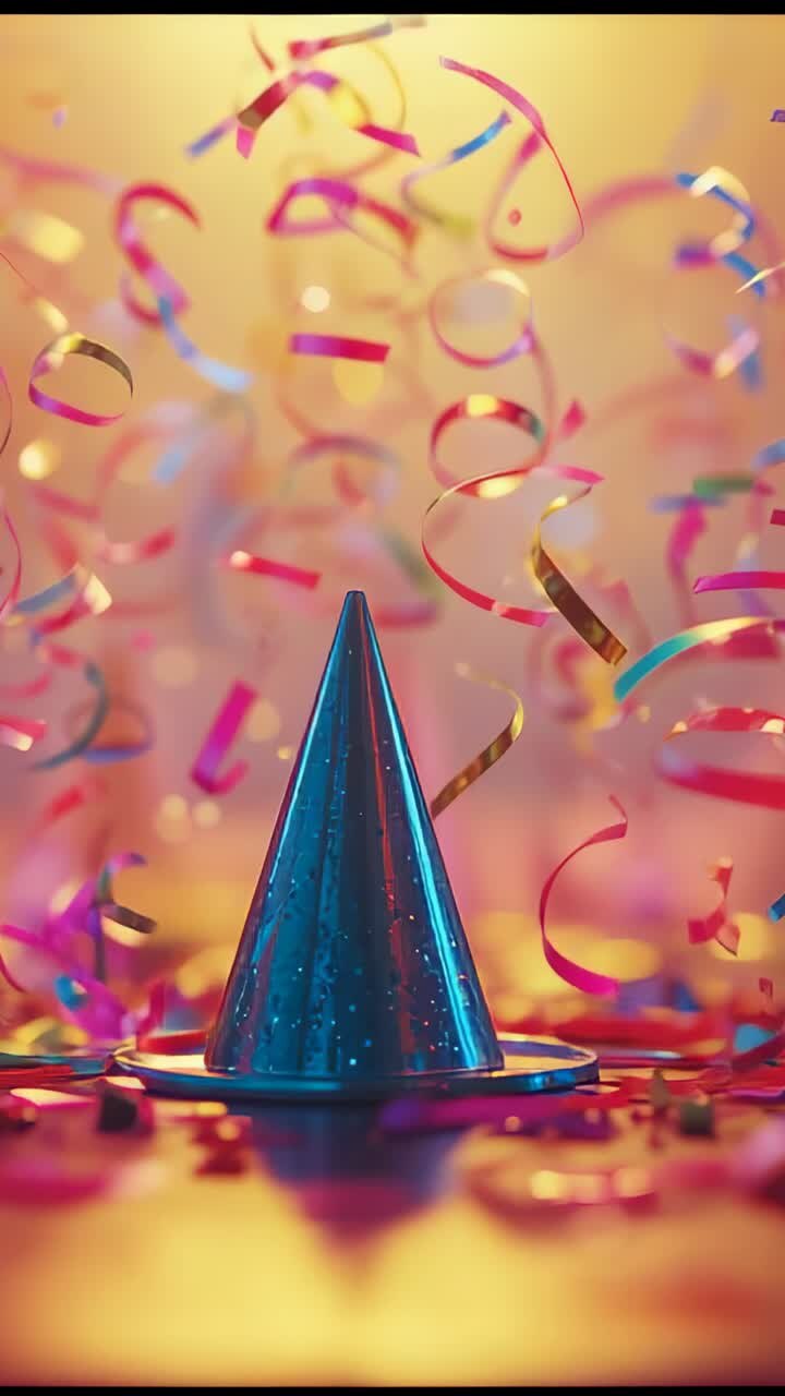 Vertical video: Revealing metallic blue party hat on glass top, streamers cascading around confetti