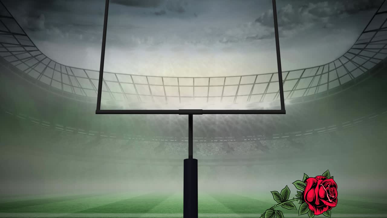 Animation of red roses falling over american football goal at stadium