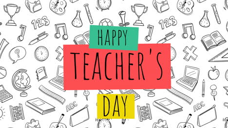 animación del texto del día de los maestros felices sobre los iconos de los artículos escolares