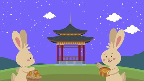 happy mid autumn festival animation with rabbits and pagoda