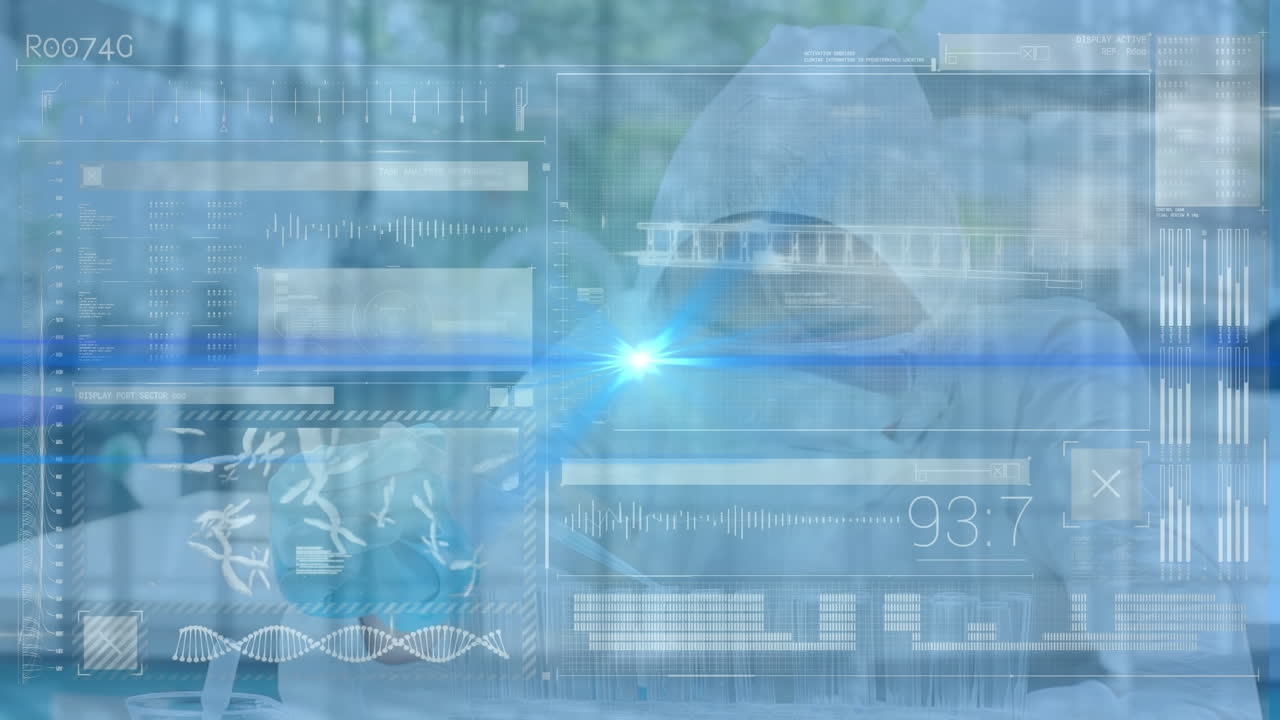 실험실에서 실험하는 과학자의 애니메이션, 빛나는 파란색 과학 데이터, 앞면에 dna