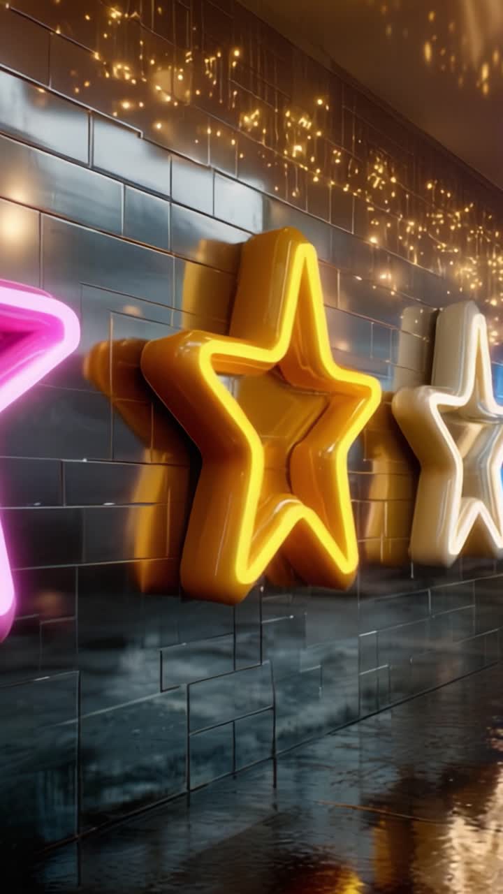 Luci al neon colorate a forma di stella creano un'atmosfera vibrante e festosa, illuminando una superficie riflettente con colori allegri ed effetti scintillanti
