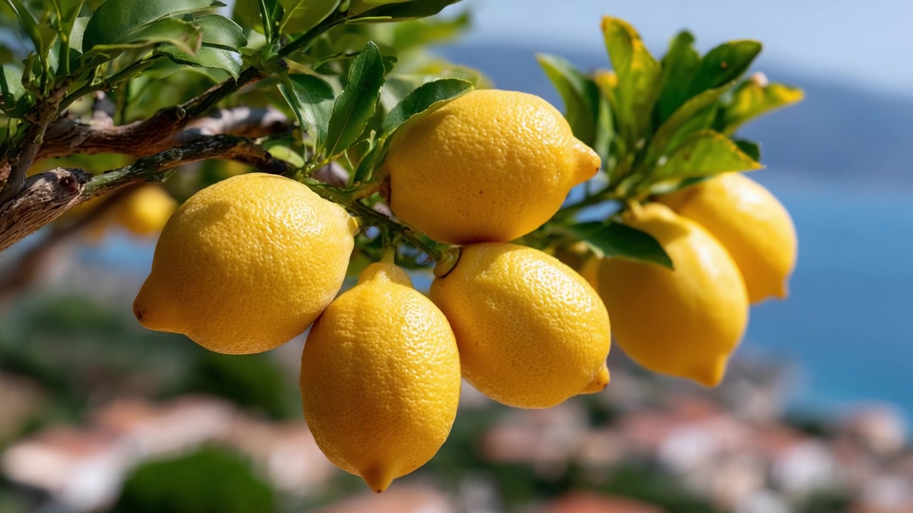 Un primo piano vibrante di un ramo di limone adornato con limoni maturi, che mostra la bellezza naturale e il fascino succoso degli agrumi gialli contro uno sfondo panoramico
