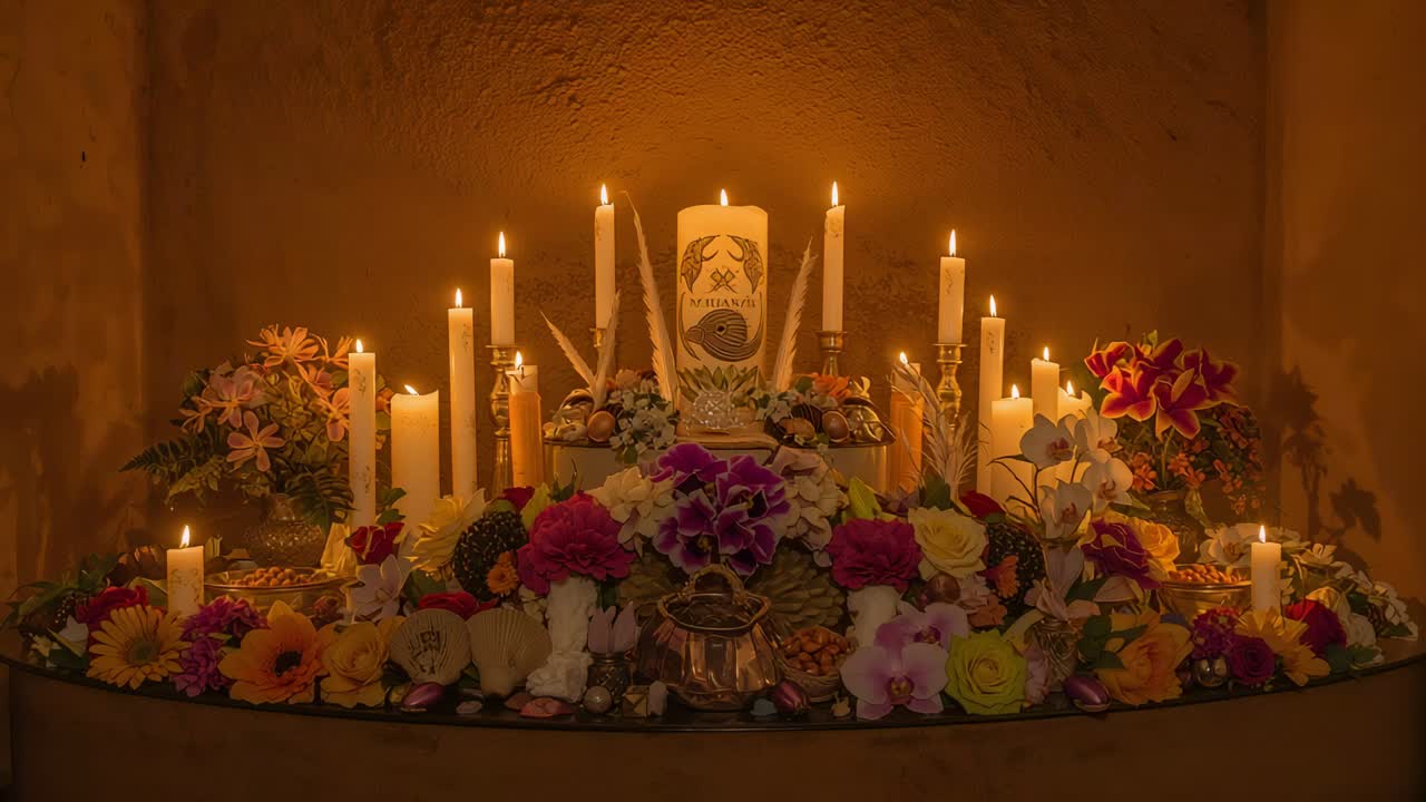Flickering altar swaying in breeze, casting glow in wall niche for memorial with pillar and flowers