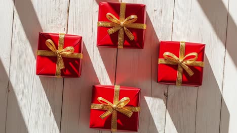 four red gift boxes with gold ribbons on a white wooden table