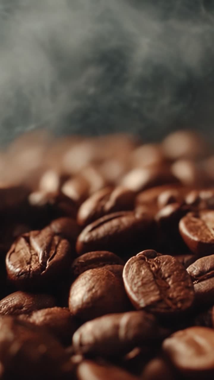 Fængslende nærbillede af rige, mørkristede kaffebønner med let, aromatisk damp der stiger op, og som inviterer entusiaster til at forkæle sig selv med glæden ved at brygge.