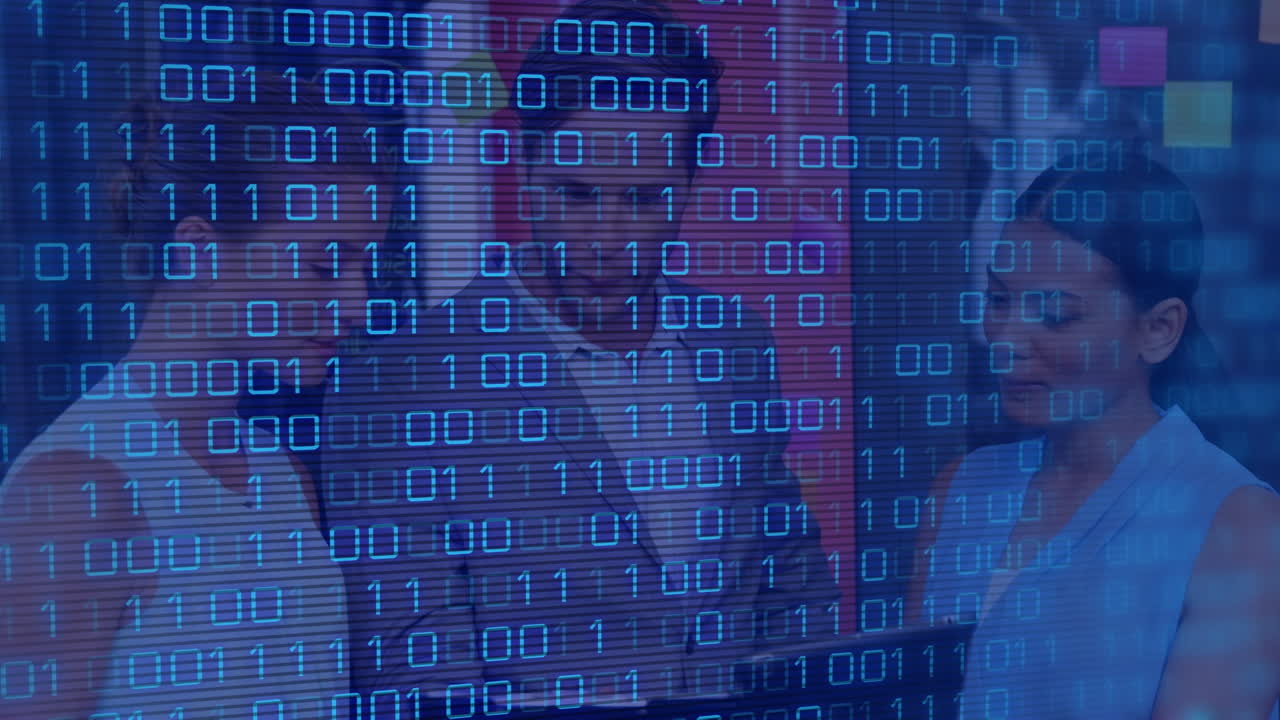 Animation of binary code over diverse female and male coworkers in office