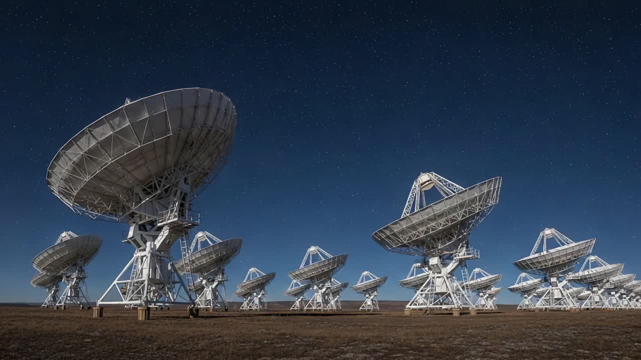 A Spectacular Night View of Satellite Dishes Analyzing Signals from Space in Serene Isolation Under a Starry Sky