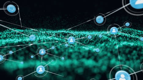 animación de la red de conexiones con iconos de personas digitales sobre malla verde
