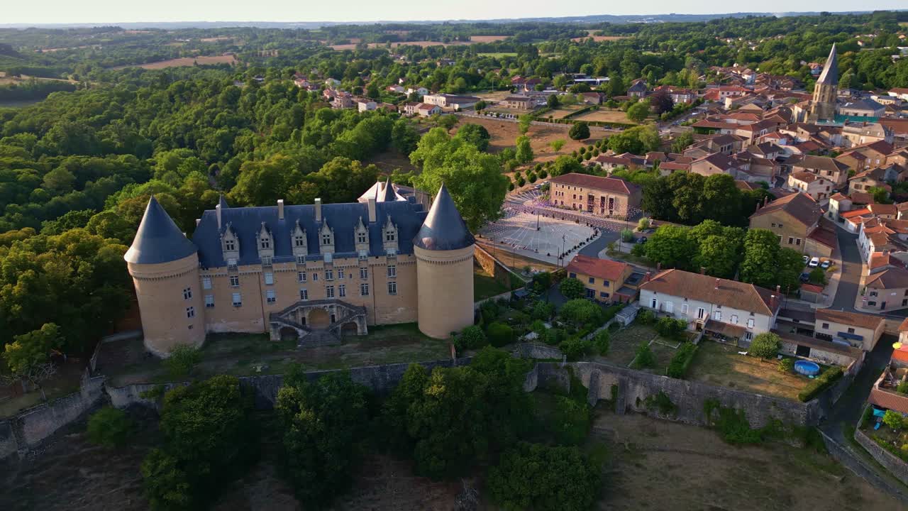 Château de Rochechouart, Departmental Museum of Contemporary Art, town and countryside, Haute-Vienne, France. Aerial drone