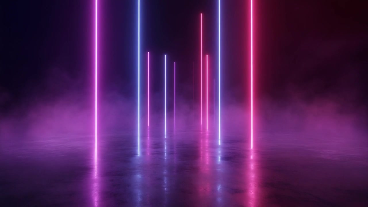 Abstract Neon Light Pillars in Dark Foggy Environment