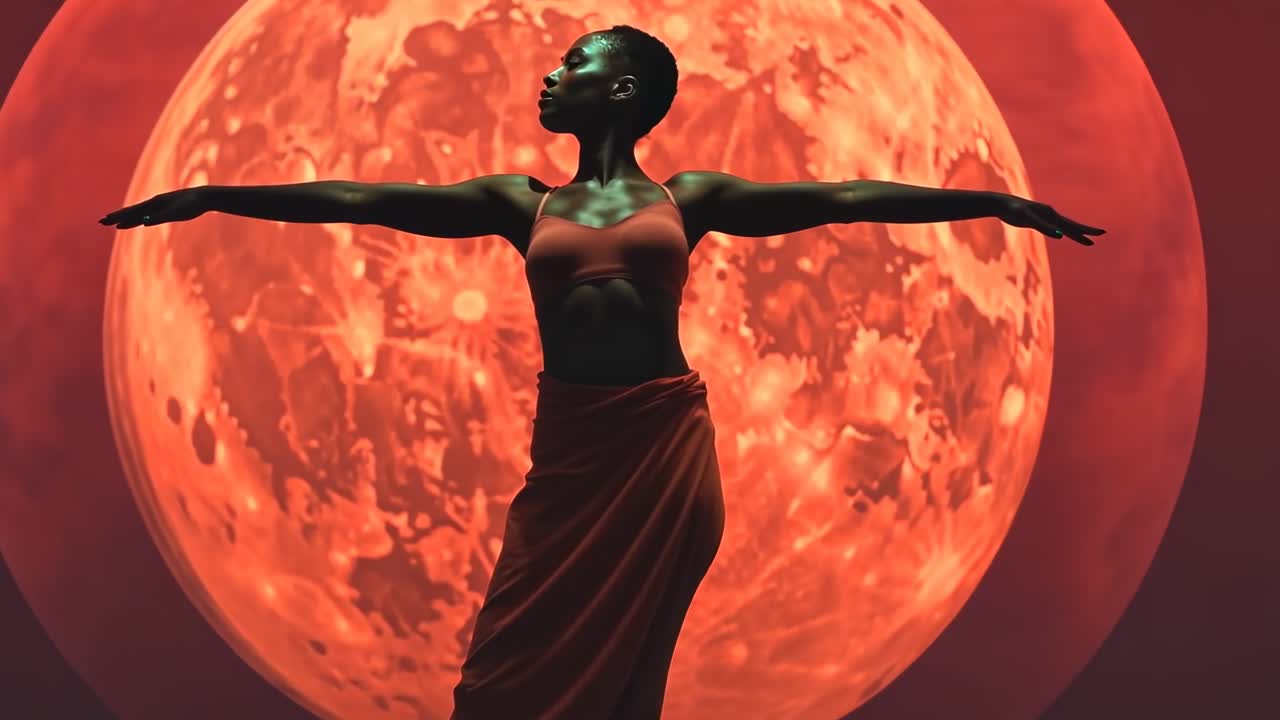 Silhouette di una persona con le braccia distese su uno sfondo con una grande e vivida luna