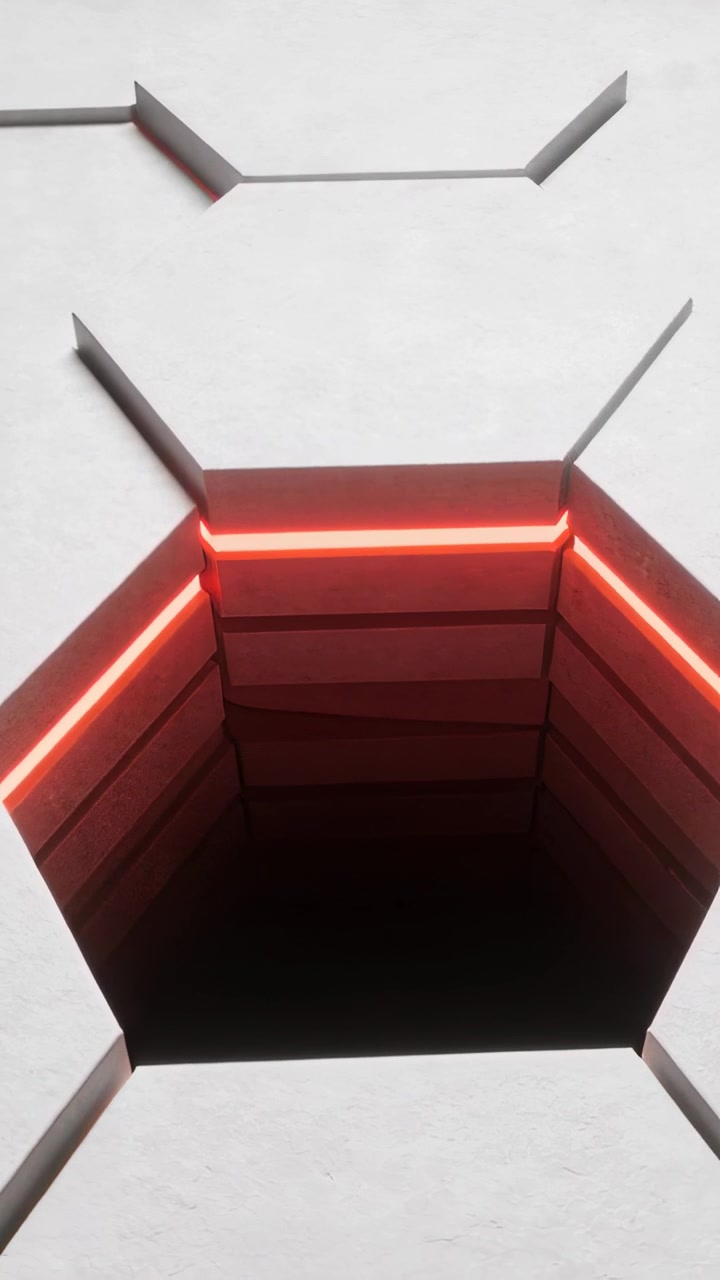 Video verticale: Telecamera che panoramica rivelando un'apertura esagonale nel soffitto, esponendo un bordo LED rosso per mostrare le piastrelle.