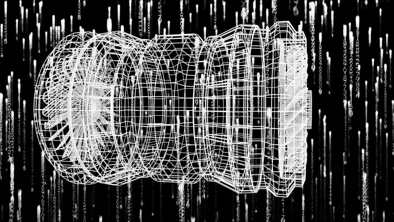 animación de rastros de luz blanca y dibujo 3d del motor sobre fondo negro