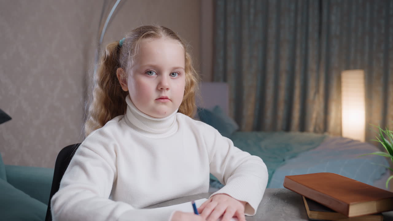 Bambina con capelli biondi raccolti in due trecce seduta a un tavolo, con una matita in mano sopra un quaderno, indossa un dolcevita bianco, sembra seria e concentrata, stanza accogliente con lampada, atmosfera familiare e accogliente
