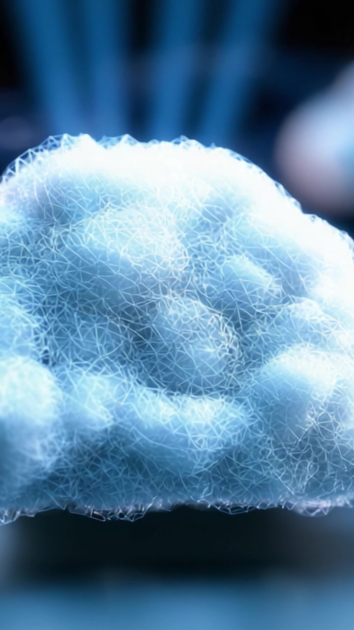 Una rappresentazione affascinante di una struttura nuvolosa testurizzata, che mostra una miscela di fibre intricate e forme semitrasparenti circondate da una luce soffusa