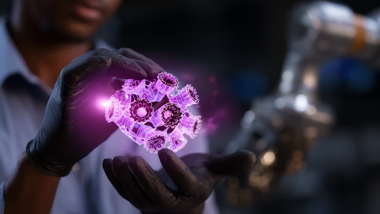A Futuristic Exploration of Science: A Man with Gloves Skillfully Manipulates a Holographic Representation of a Complex Molecular Structure, Showcasing Cutting-Edge Technology and Innovation