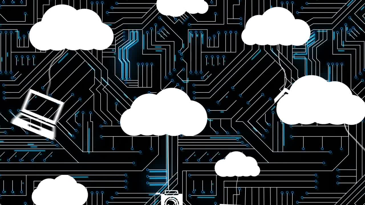 Animation of media icons and network of connections on black background