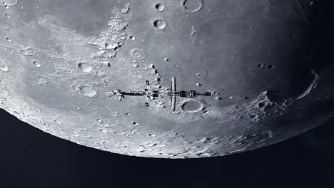 large futuristic spaceship passing by the moon in lunar orbit