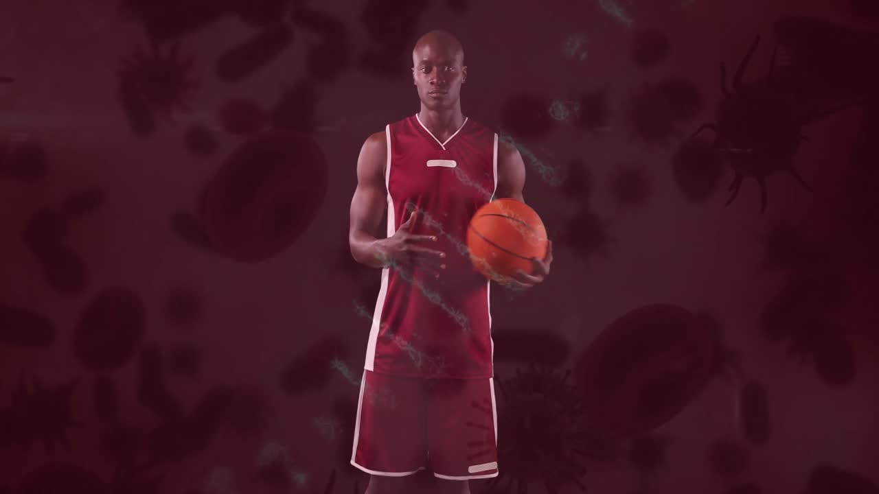 Animazione di cellule di COVID-19 su un giocatore di basket