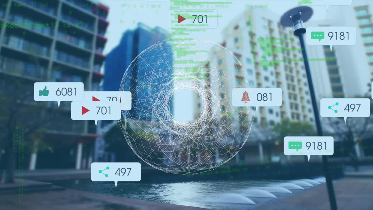 도시 풍경 위의 스 ⁇  스캐닝과 소셜 미디어 아이콘의 애니메이션