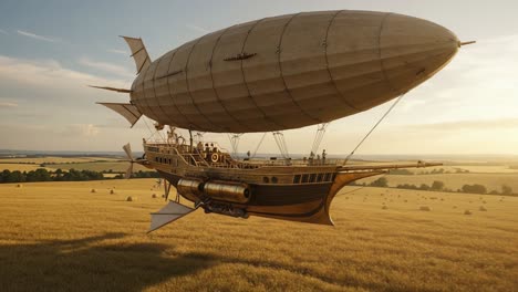 a majestic airship gliding through a golden field at sunset, showcasing its unique design and beautiful scenery, capturing the essence of adventure and innovation
