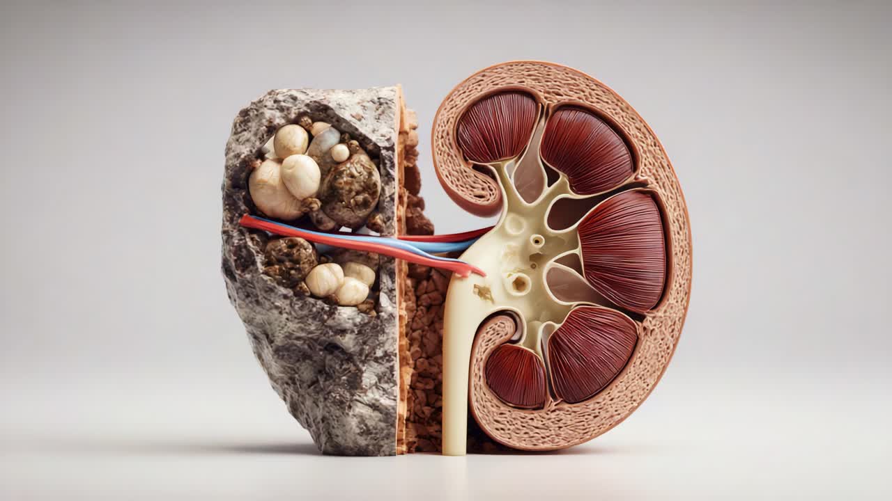 A Detailed Cross-Section Illustration of a Kidney Alongside Geological Elements, Highlighting the Contrast Between Biological Functionality and Mineral Structure in a Captivating Visual Composition