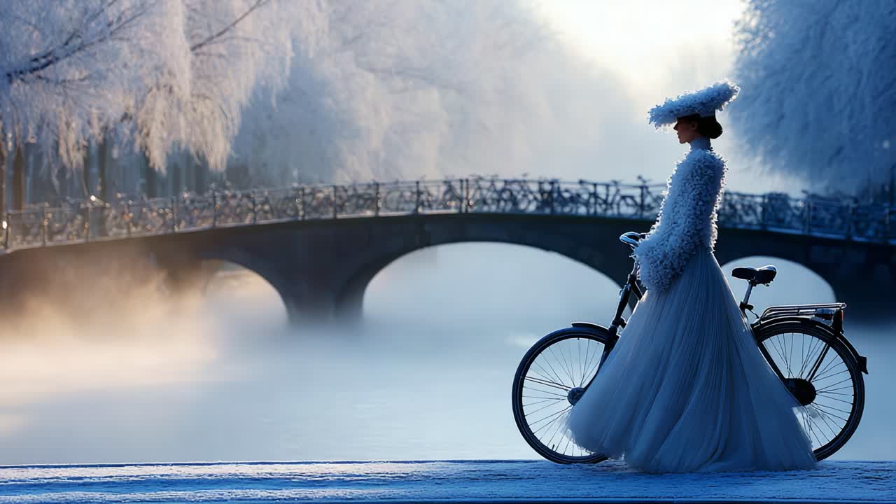 A serene winter landscape showcases a lady in a stunning white gown and hat delicately riding her bicycle beside a tranquil frozen river adorned with frosty trees and a charming bridge
