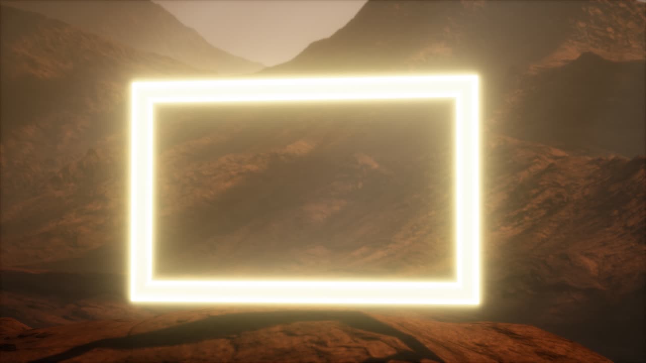 portal de neón en la superficie del planeta marte con el soplo de polvo