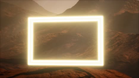 portal de neón en la superficie del planeta marte con el soplo de polvo
