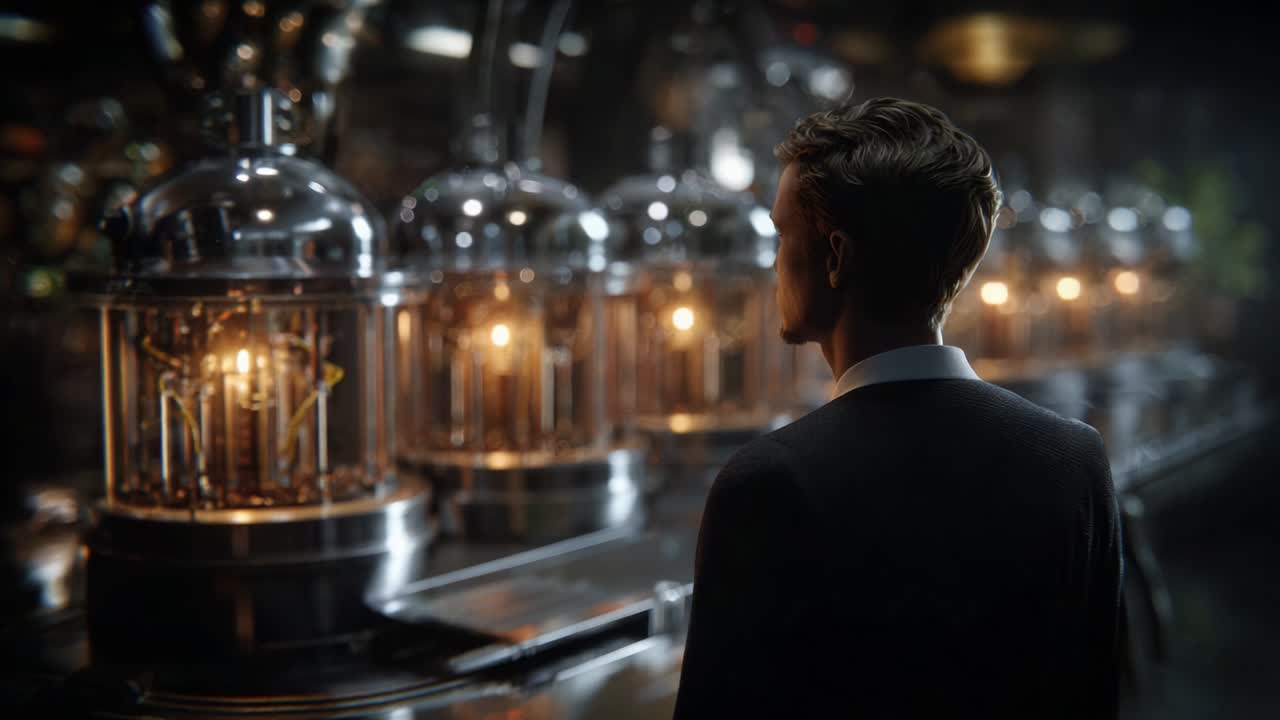 A Thoughtful Individual Gazes at Vintage Lighting Apparatus in a Dimly Lit Room, Highlighting a Blend of Industrial Aesthetics with a Touch of Nostalgia and Wonder for the Mechanical Artistry on Display