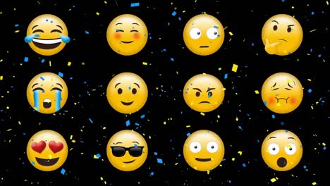 Digitale-Animation-Von-Konfetti,-Das-über-Mehrere-Gesichts-Emojis-Vor-Schwarzem-Hintergrund-Fällt