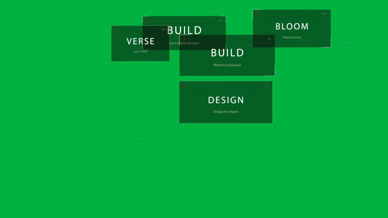 On start CRAFT DESIGN panels sliding stacking linking fading showing UI on transparent background
