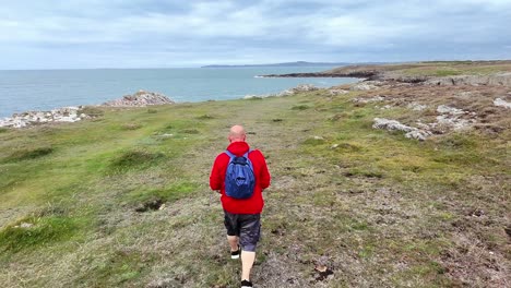 man walking his dog along welsh coastal path overlooking overcast seascape