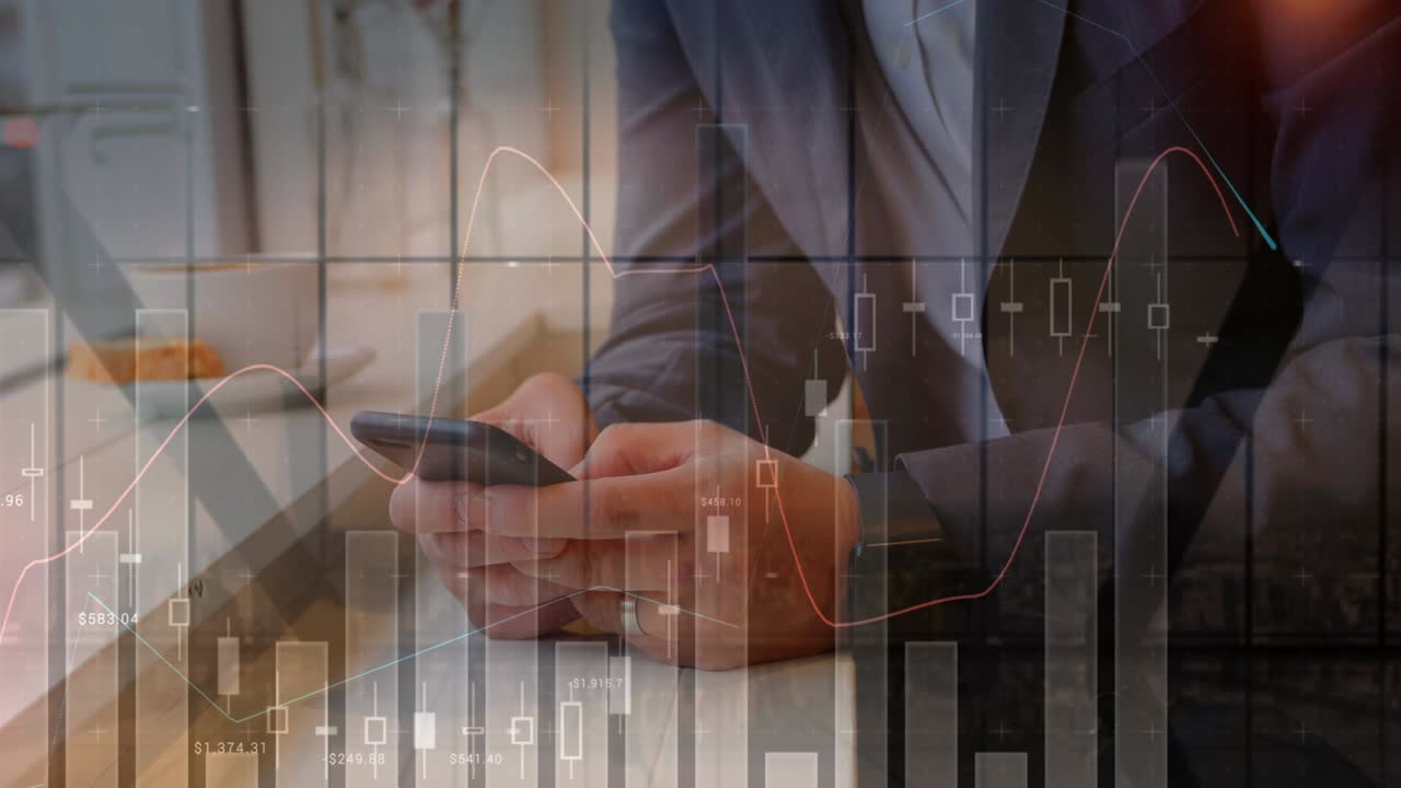 animación de estadísticas y procesamiento de datos sobre un empresario que usa un teléfono inteligente