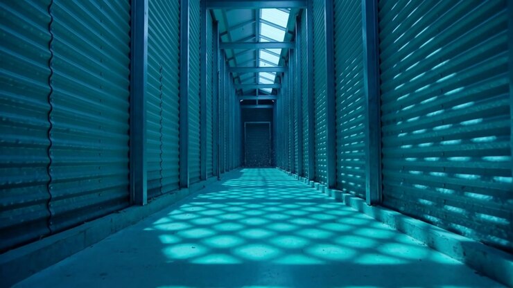 Moving camera forward showing walkway with metal shutters and skylight pattern toward far door