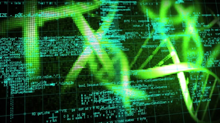 Animation of dna strand, computer circuit board and scientific data processing