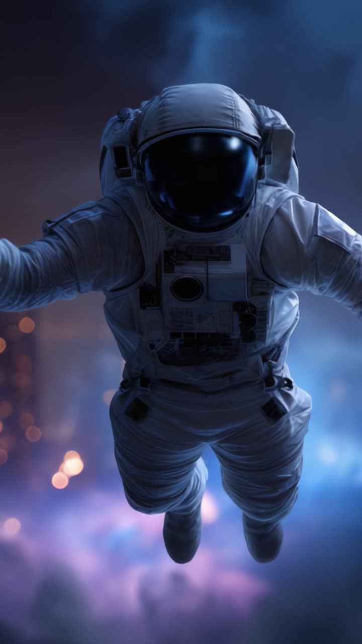 An astronaut floats in a vibrant, colorful cosmic environment, exploring the mysteries of space with advanced technology, illustrating humanity's quest for discovery