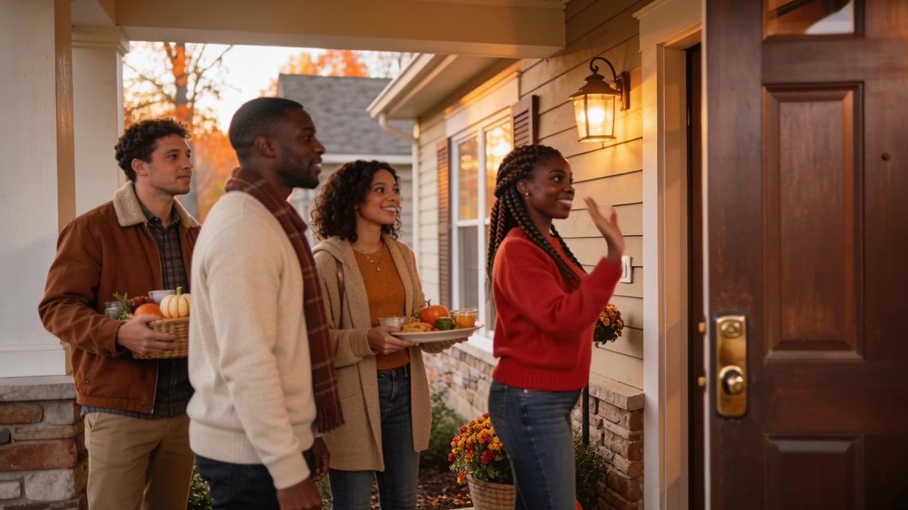 Walking group with pumpkins approaching porch, woman in red sweater opening door to join friends