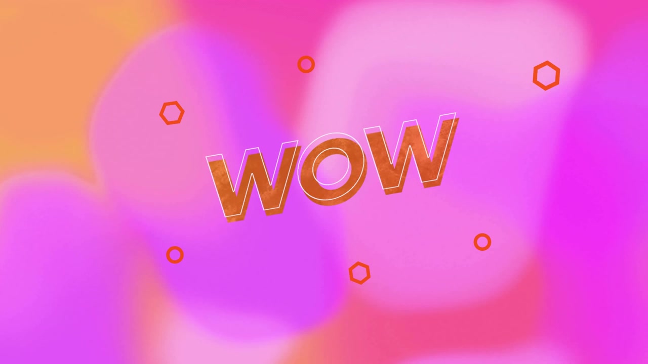 All'avvio, testo 3D WOW che si mantiene su una sfumatura con invitanti forme arancioni che fluttuano e incorniciano per enfasi.