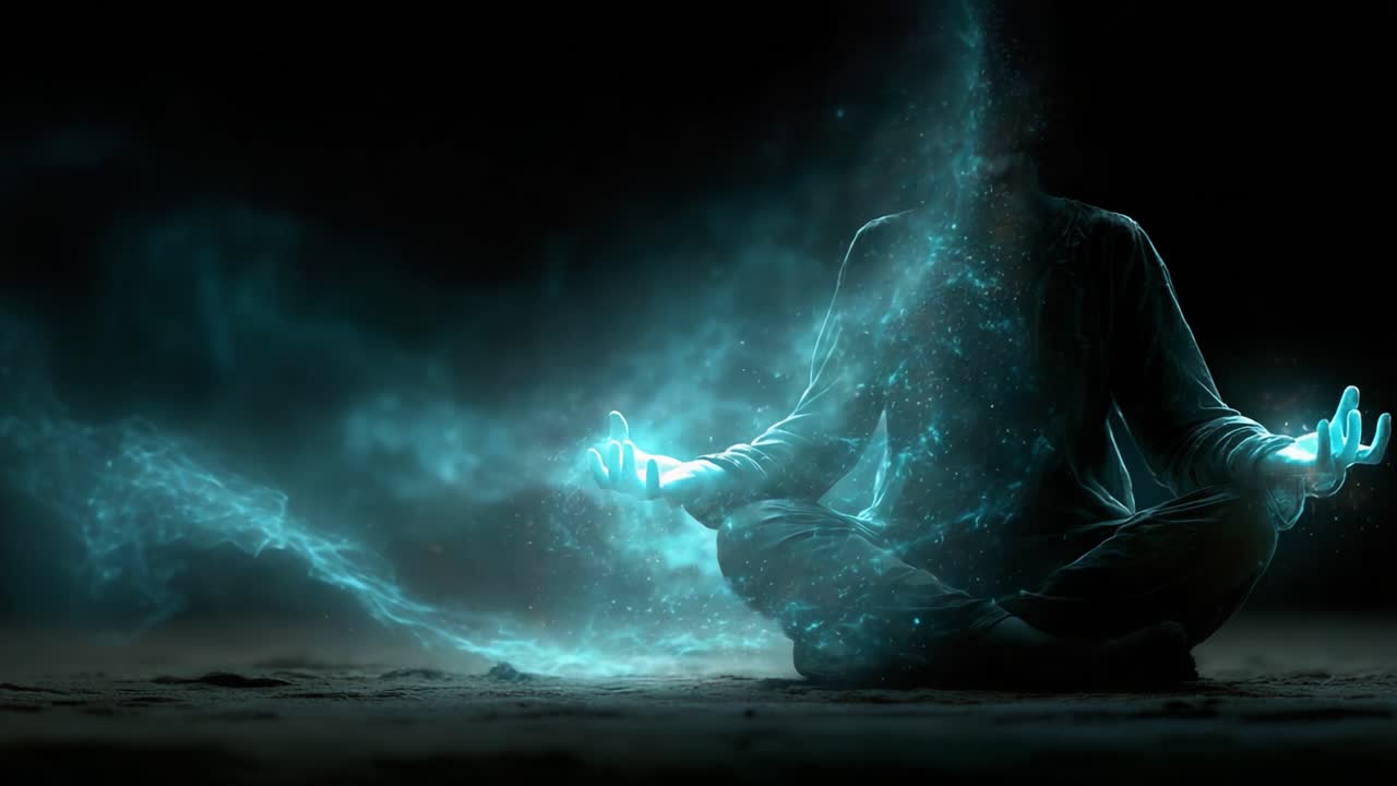 Karanlık kozmik bir ortamda, parıldayan bir aura ile çevrili, enerjileri kanalize eden ve eterik ışık yayan mistik bir varlık meditasyon yapıyor