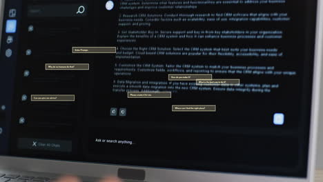 Animation of ai text and data processing over screen with dark background