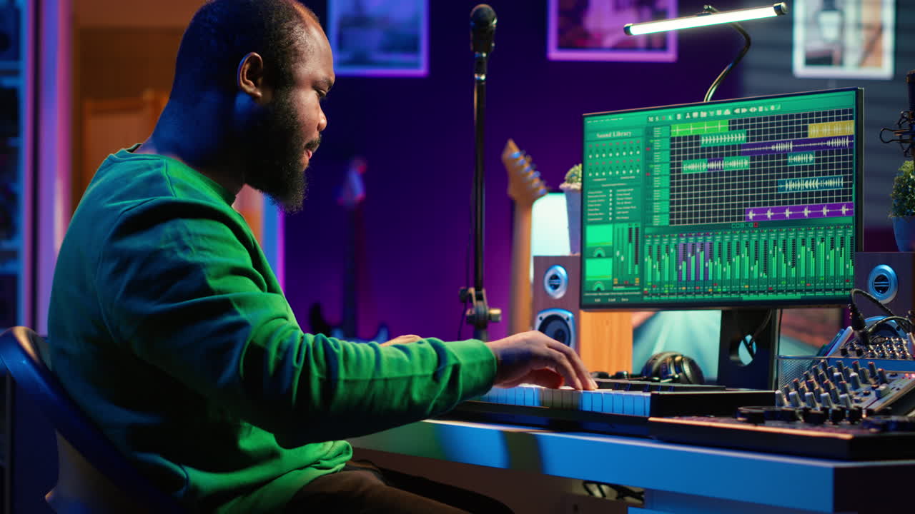 artista tocando piano teclado electrónico y grabando nuevos sonidos