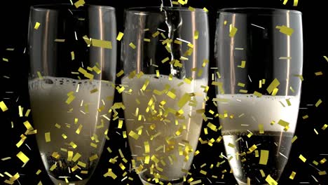 Animation-of-gold-confetti-falling-and-champagne-pouring-into-three-glasses-on-black-background