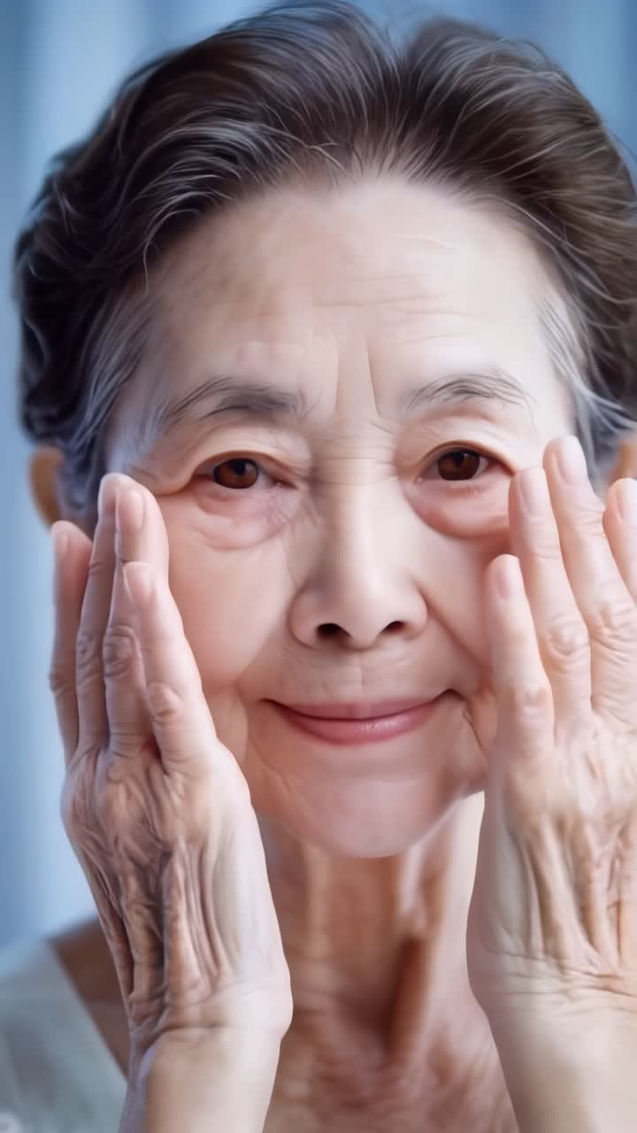 An asian senior woman touching her authentic and healthy skin. Concept of wellness and skin care.